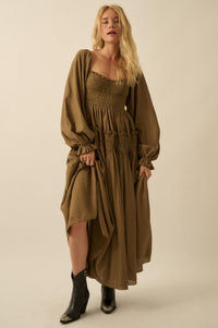 Love Story Smocked Tonal-Stripe Midi Peasant Dress - ShopPromesa