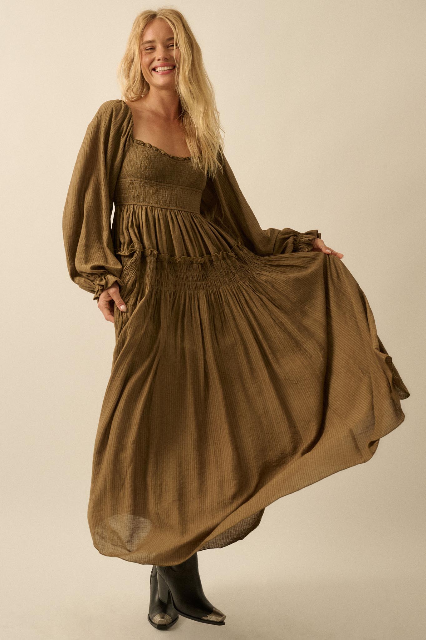 Love Story Smocked Tonal-Stripe Midi Peasant Dress, Taupe / M