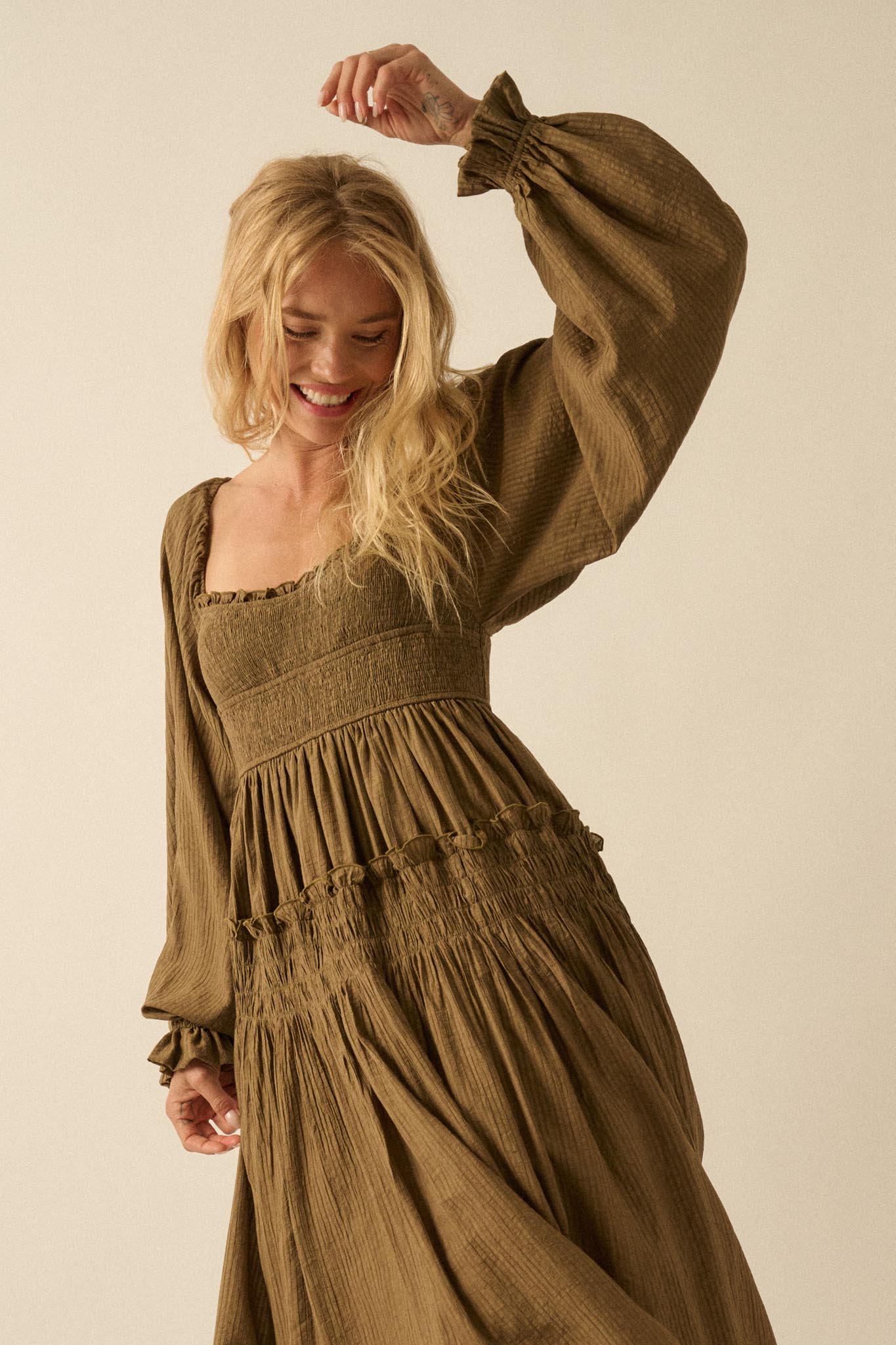 Love Story Smocked Tonal-Stripe Midi Peasant Dress - ShopPromesa