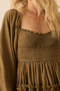 Love Story Smocked Tonal-Stripe Midi Peasant Dress - ShopPromesa