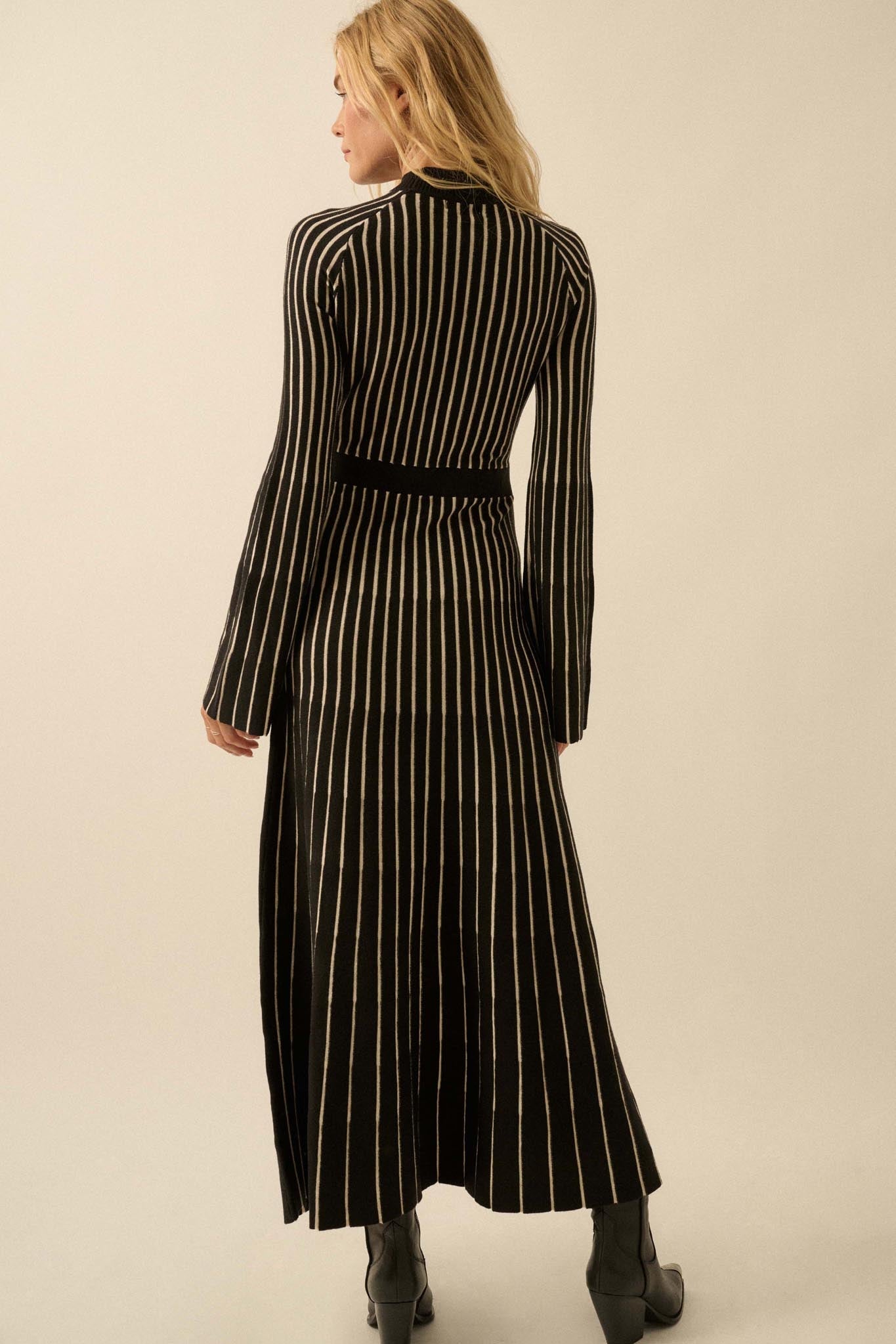 Style Lines Striped Bell-Sleeve Maxi Sweater Dress Stone / M Style Lines Striped Bell-Sleeve Maxi Sweater Dress Stone / M