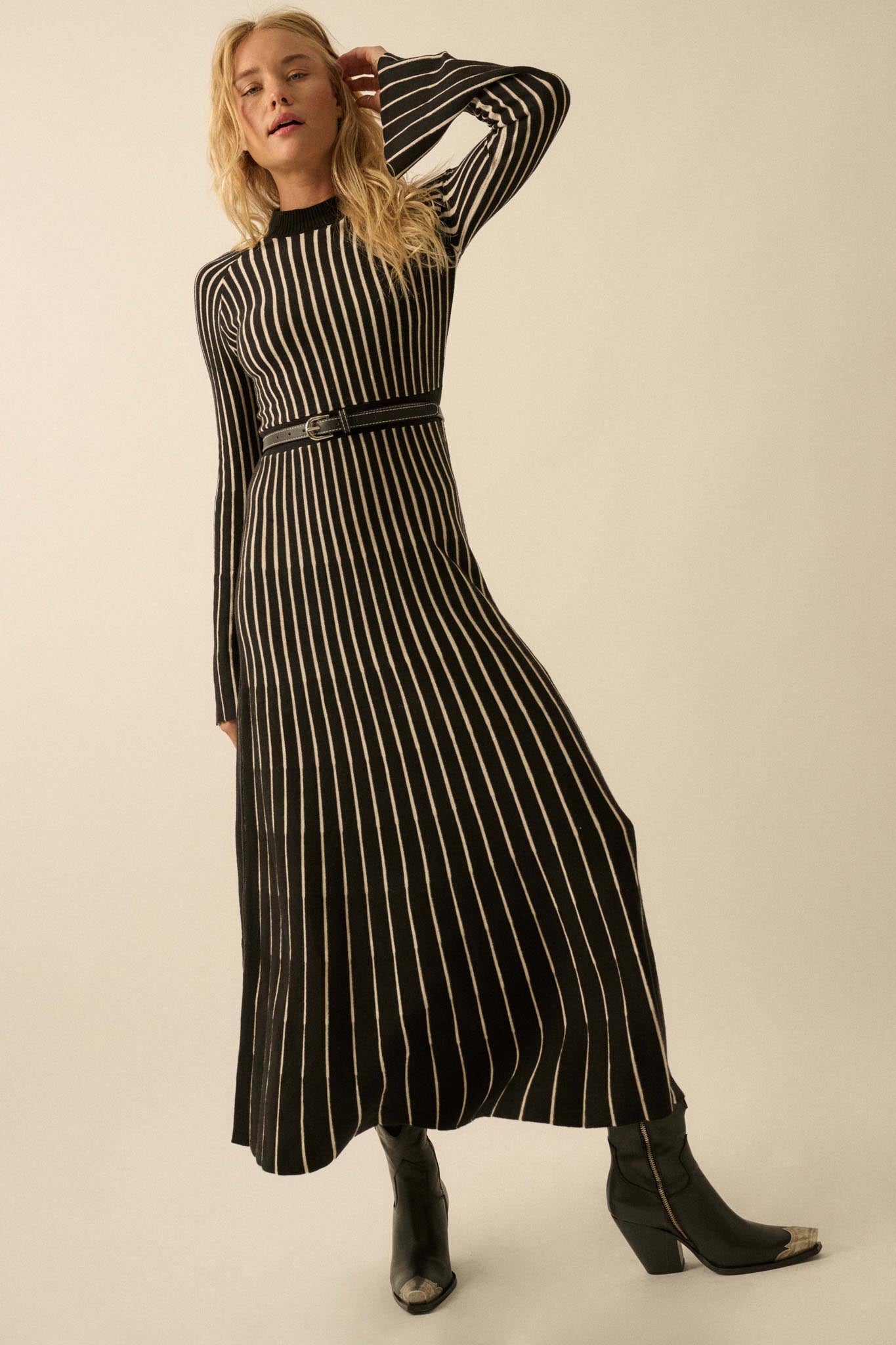 Style Lines Striped Bell-Sleeve Maxi Sweater Dress Stone / M Style Lines Striped Bell-Sleeve Maxi Sweater Dress Stone / M