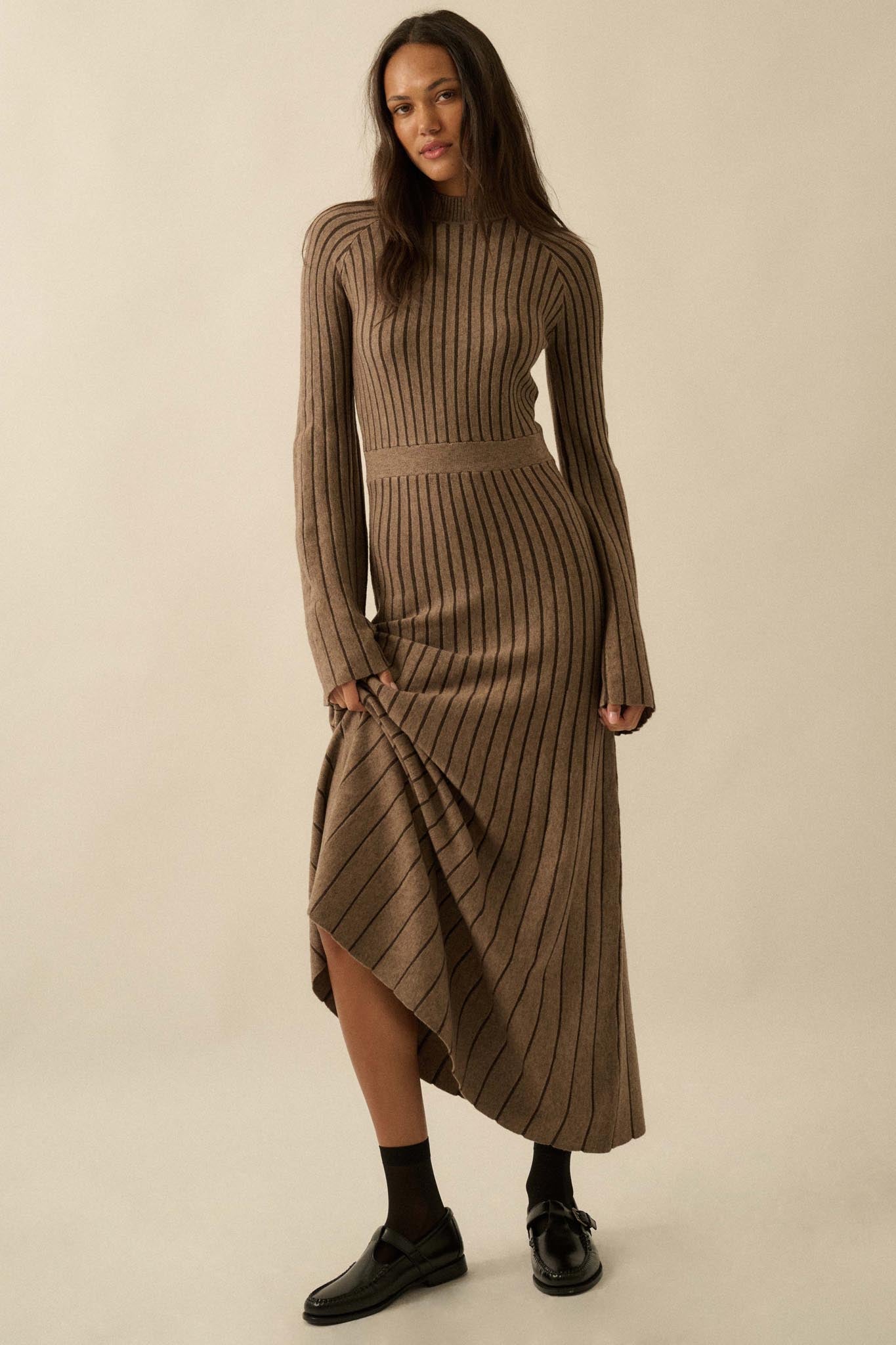 Style Lines Striped Bell-Sleeve Maxi Sweater Dress Stone / M Style Lines Striped Bell-Sleeve Maxi Sweater Dress Stone / M