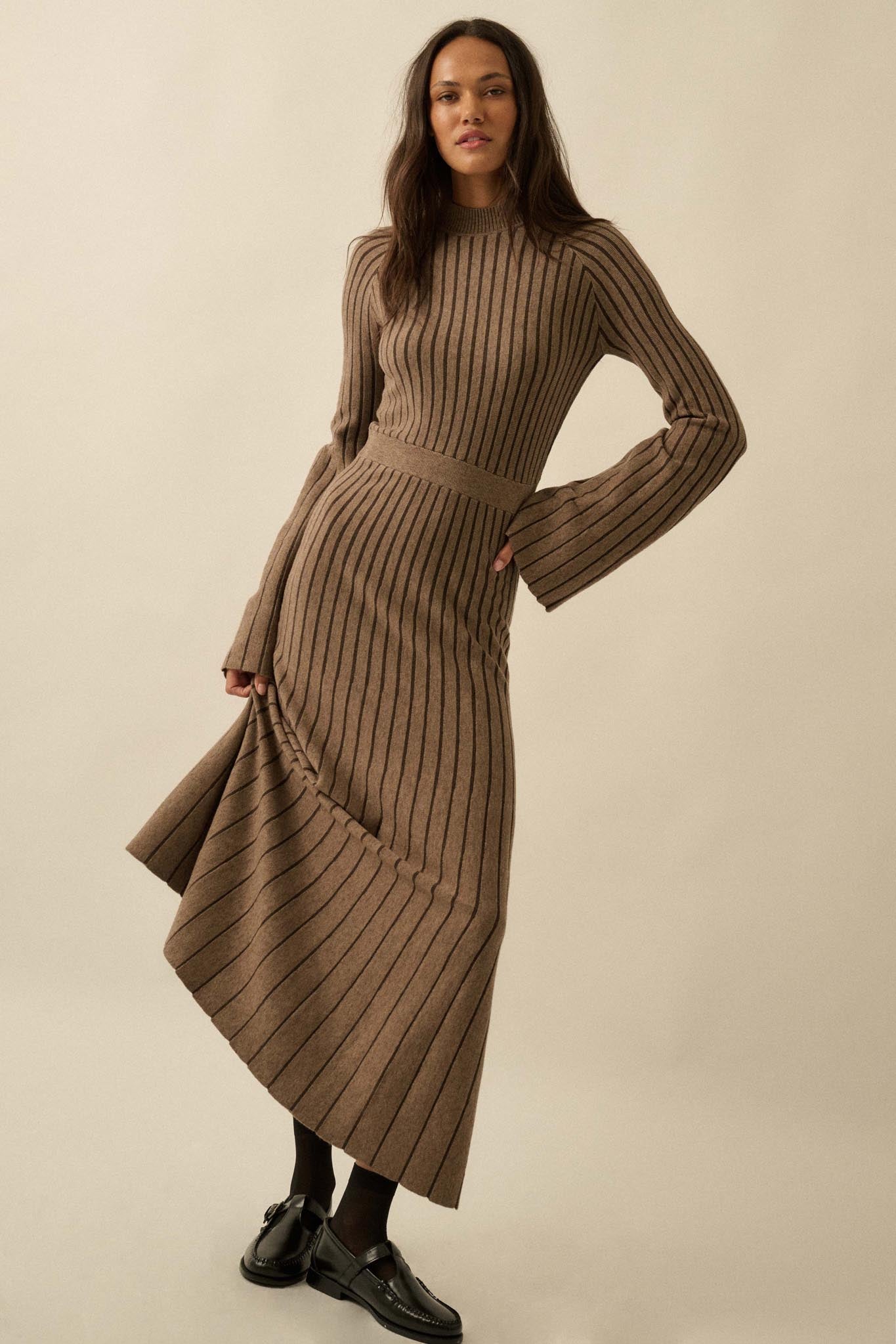 Style Lines Striped Bell-Sleeve Maxi Sweater Dress Stone / M