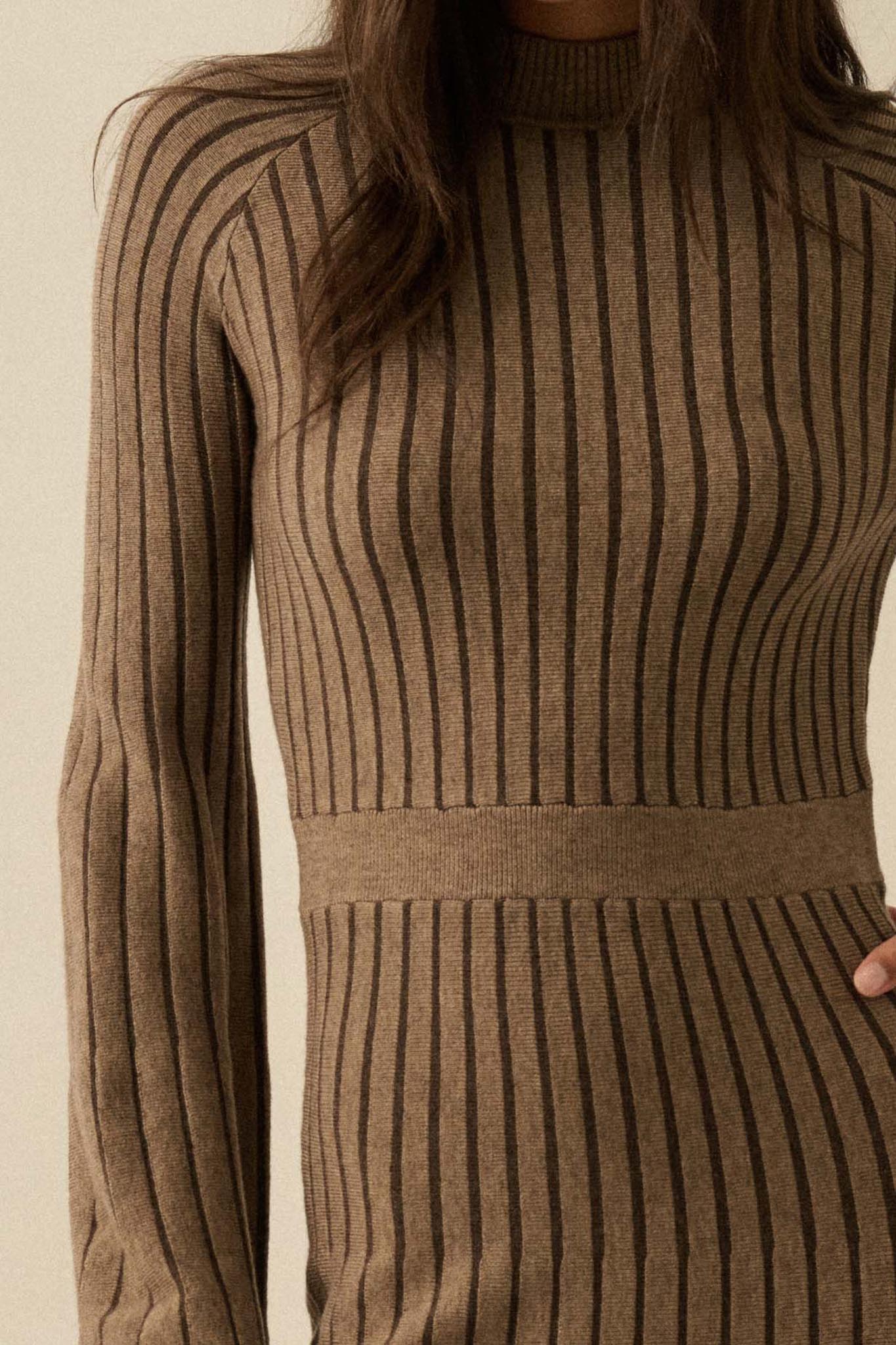Style Lines Striped Bell-Sleeve Maxi Sweater Dress Stone / M Style Lines Striped Bell-Sleeve Maxi Sweater Dress Stone / M