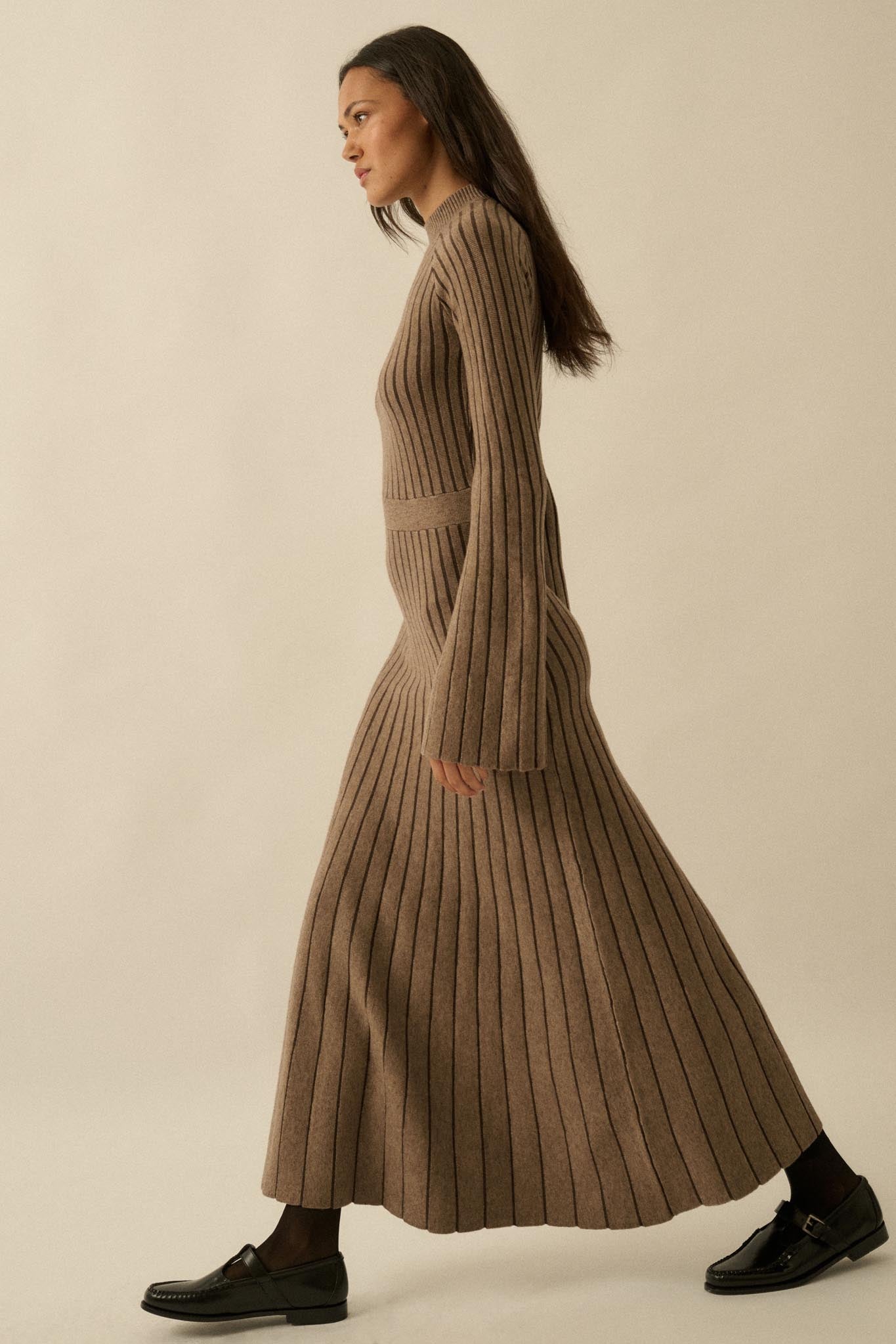 Style Lines Striped Bell-Sleeve Maxi Sweater Dress Stone / M Style Lines Striped Bell-Sleeve Maxi Sweater Dress Stone / M