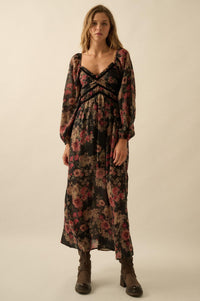 Wildflower Glen Floral Velvet-Trim Maxi Dress - ShopPromesa