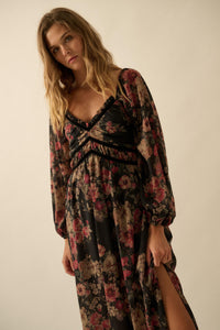 Wildflower Glen Floral Velvet-Trim Maxi Dress - ShopPromesa