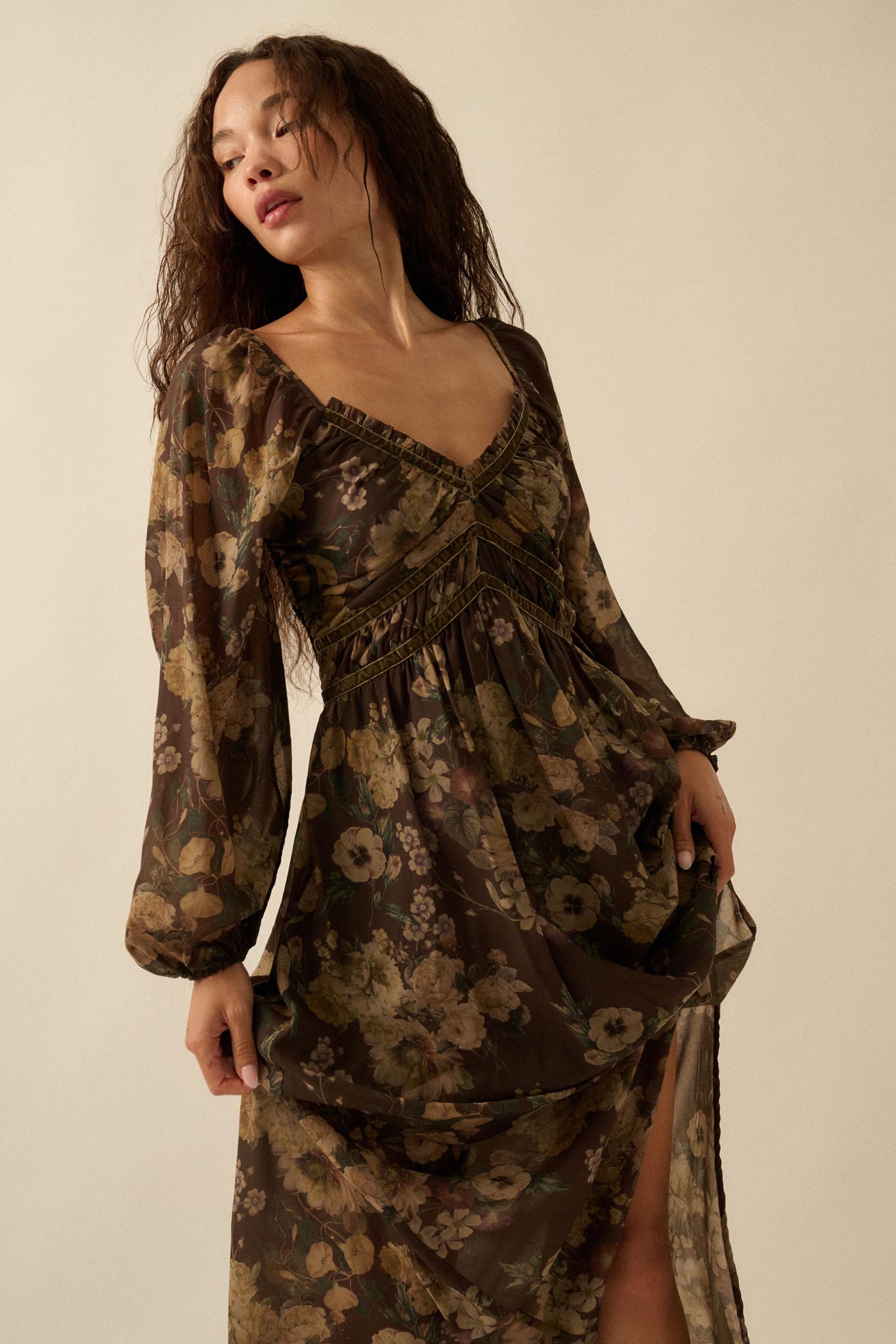Wildflower Glen Floral Velvet-Trim Maxi Dress - ShopPromesa