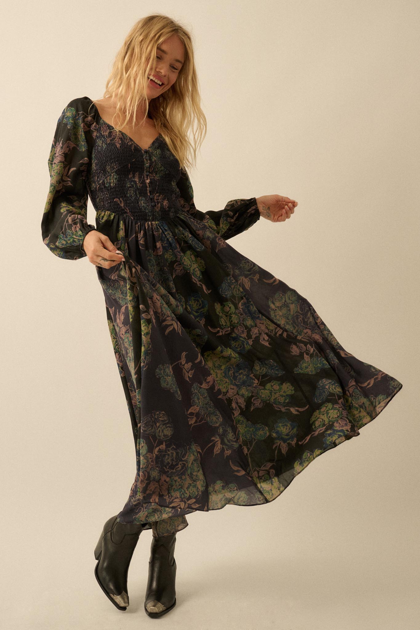 Beautiful Blooms Smocked Floral Maxi Peasant Dress - ShopPromesa
