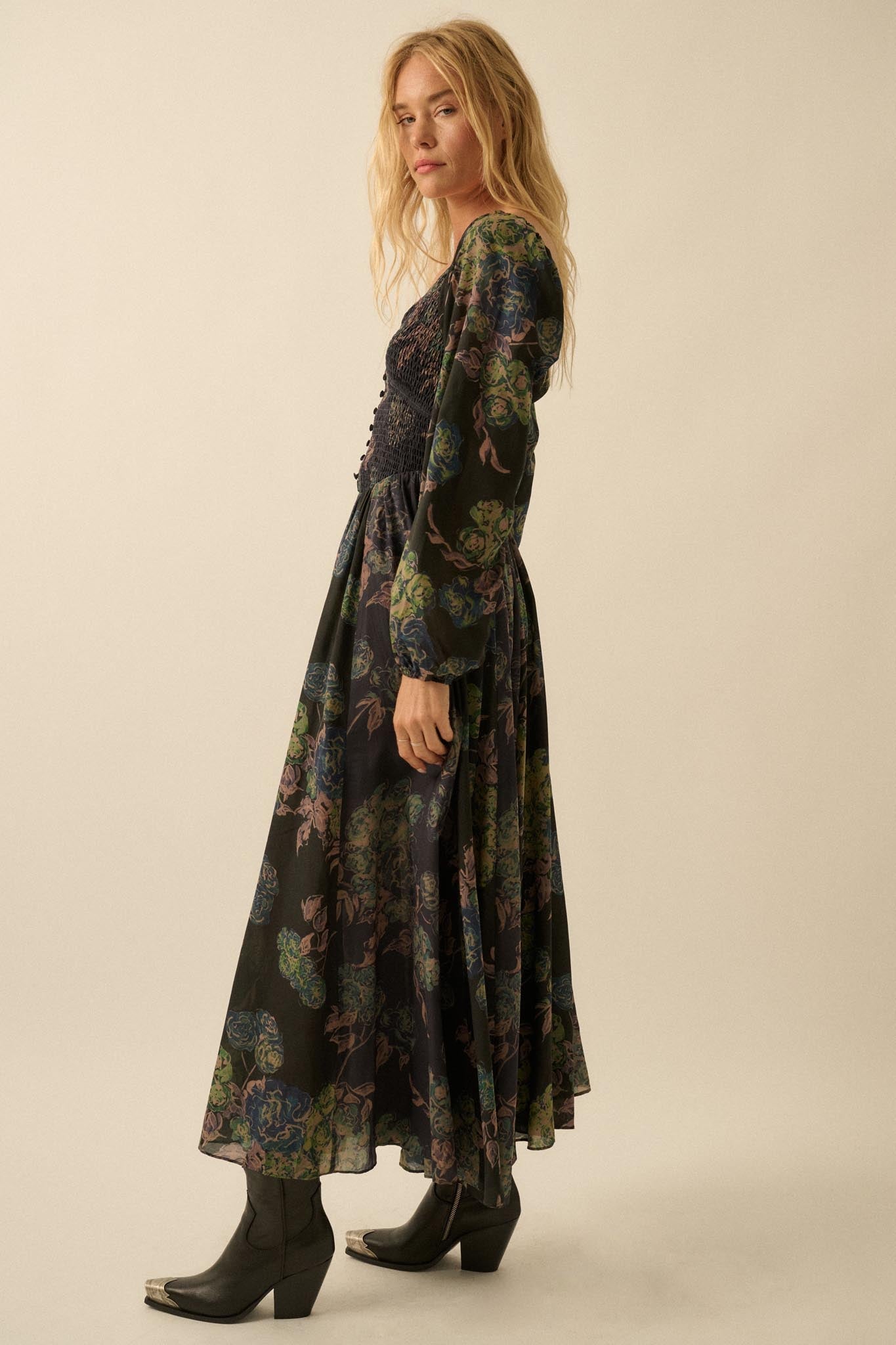 Beautiful Blooms Smocked Floral Maxi Peasant Dress - ShopPromesa