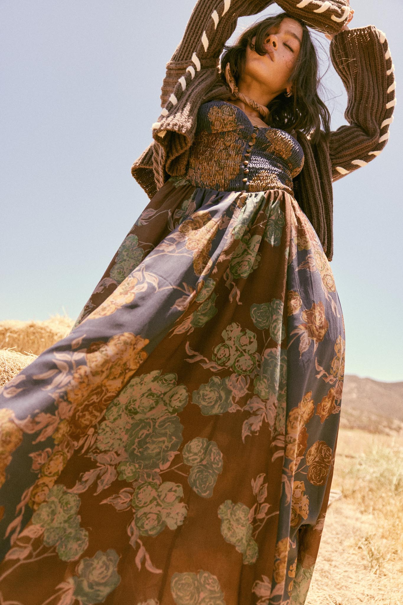 Beautiful Blooms Smocked Floral Maxi Peasant Dress Brown / S Beautiful Blooms Smocked Floral Maxi Peasant Dress Brown / S
