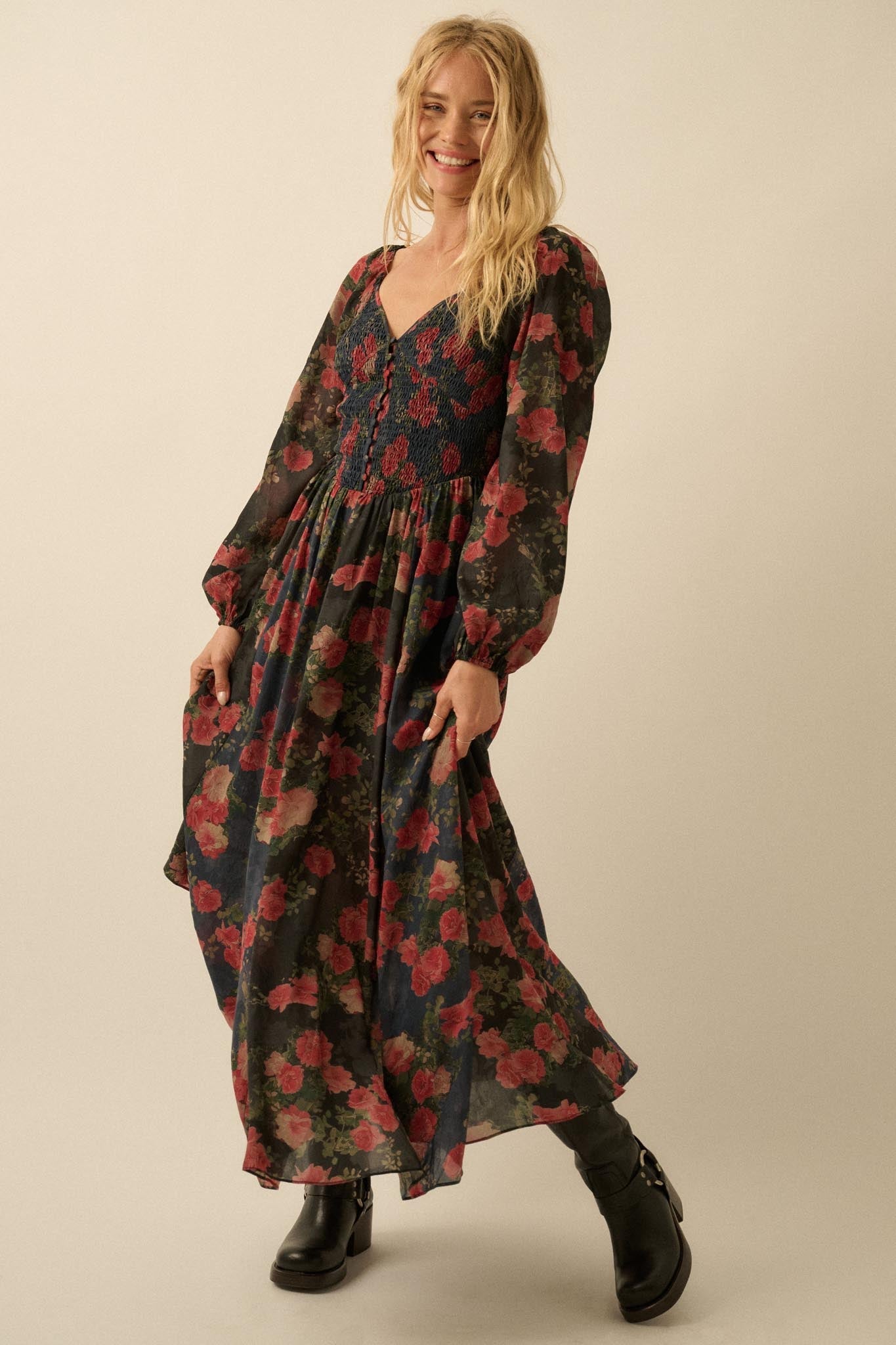 Refined Roses Smocked Floral Maxi Peasant Dress - ShopPromesa