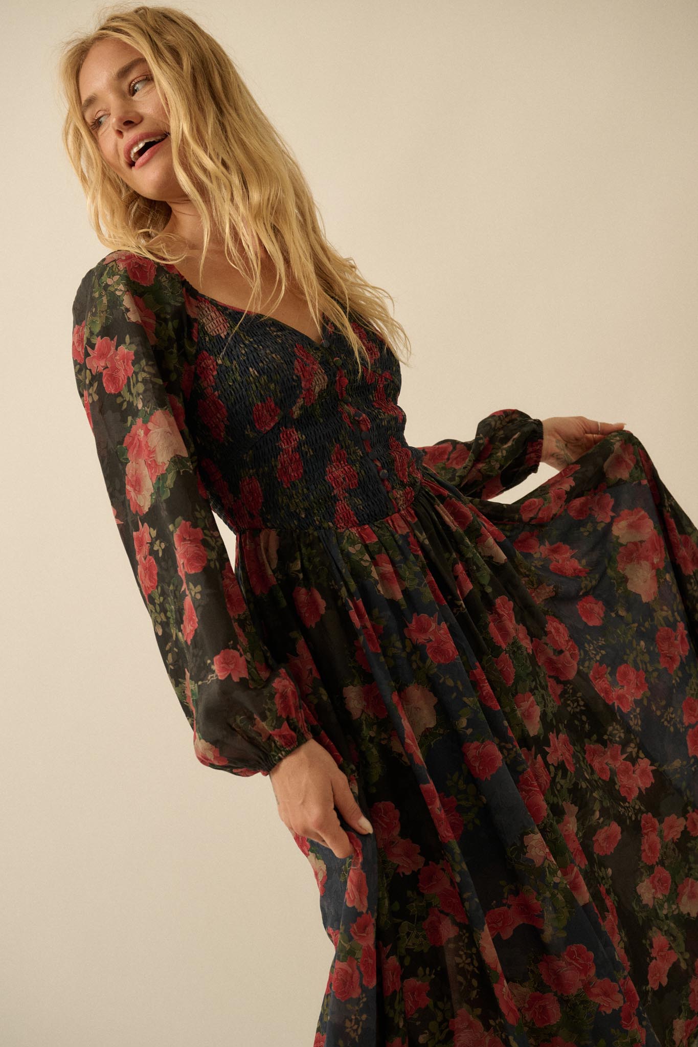 Refined Roses Smocked Floral Maxi Peasant Dress Black / S Refined Roses Smocked Floral Maxi Peasant Dress Black / S