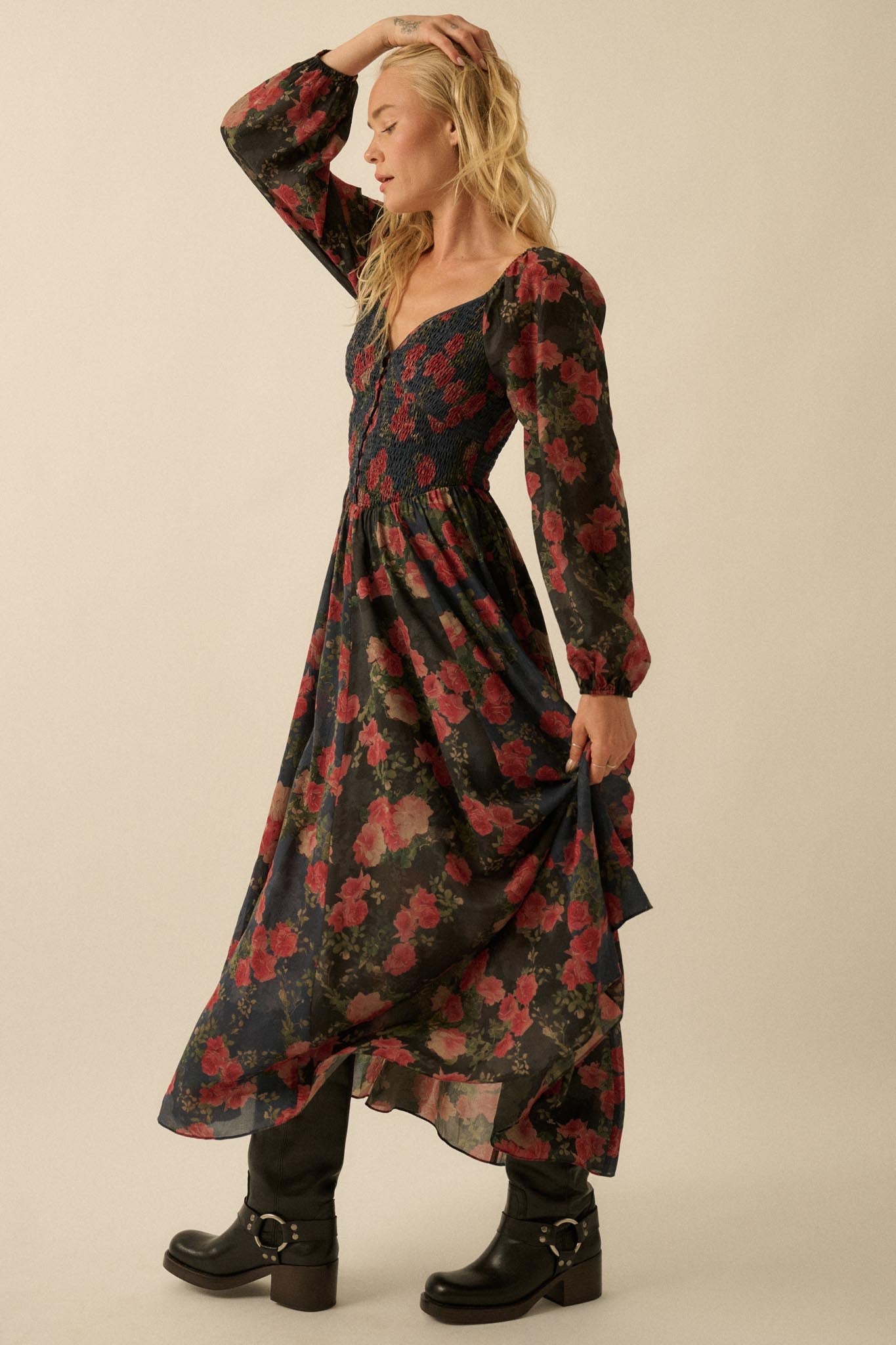 Refined Roses Smocked Floral Maxi Peasant Dress Black / S Refined Roses Smocked Floral Maxi Peasant Dress Black / S