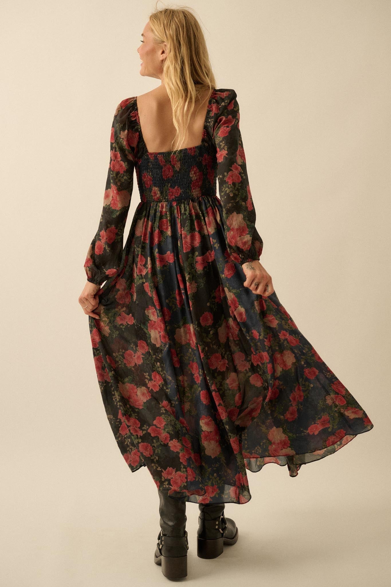 Refined Roses Smocked Floral Maxi Peasant Dress - ShopPromesa