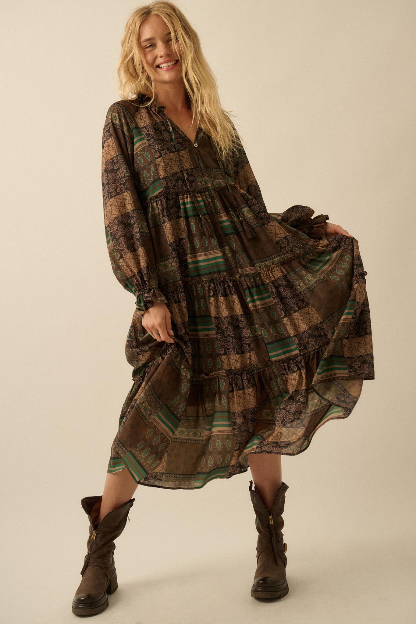 Piece by Piece Patchwork-Print Midi Prairie Dress - ShopPromesa