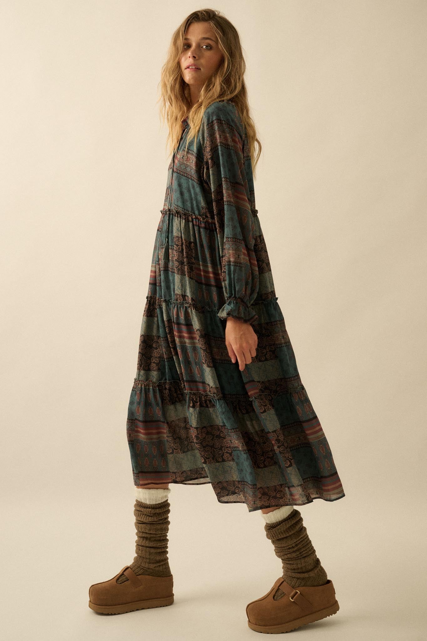 Piece by Piece Patchwork-Print Midi Prairie Dress - ShopPromesa