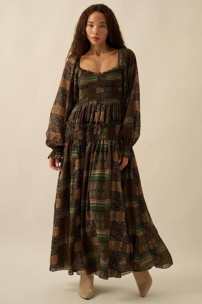 Pieces of Me Patchwork-Print Smocked Midi Dress - ShopPromesa