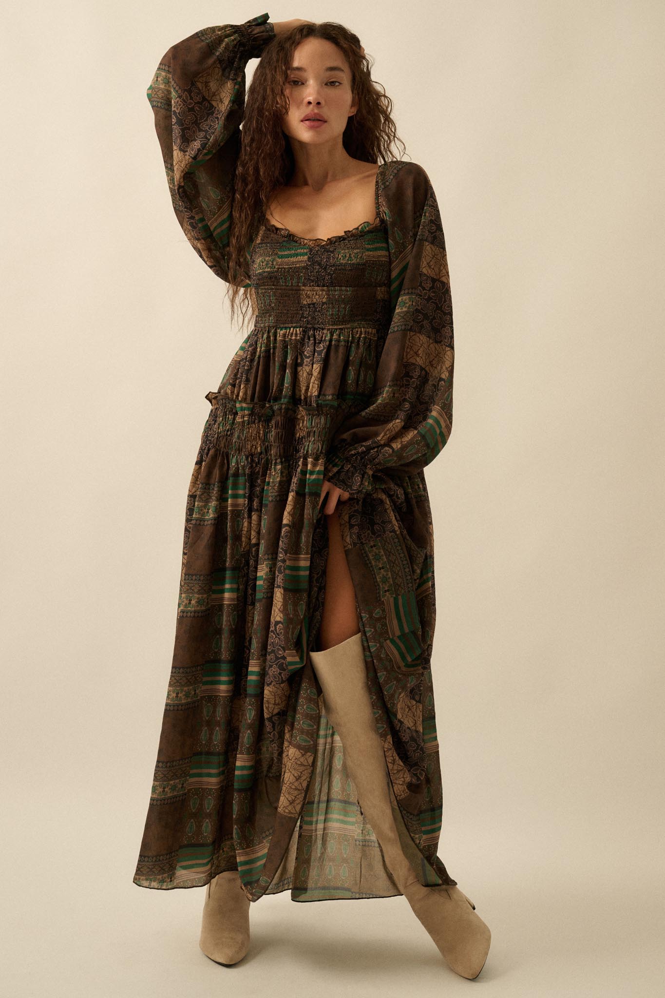 Pieces of Me Patchwork-Print Smocked Midi Dress - ShopPromesa