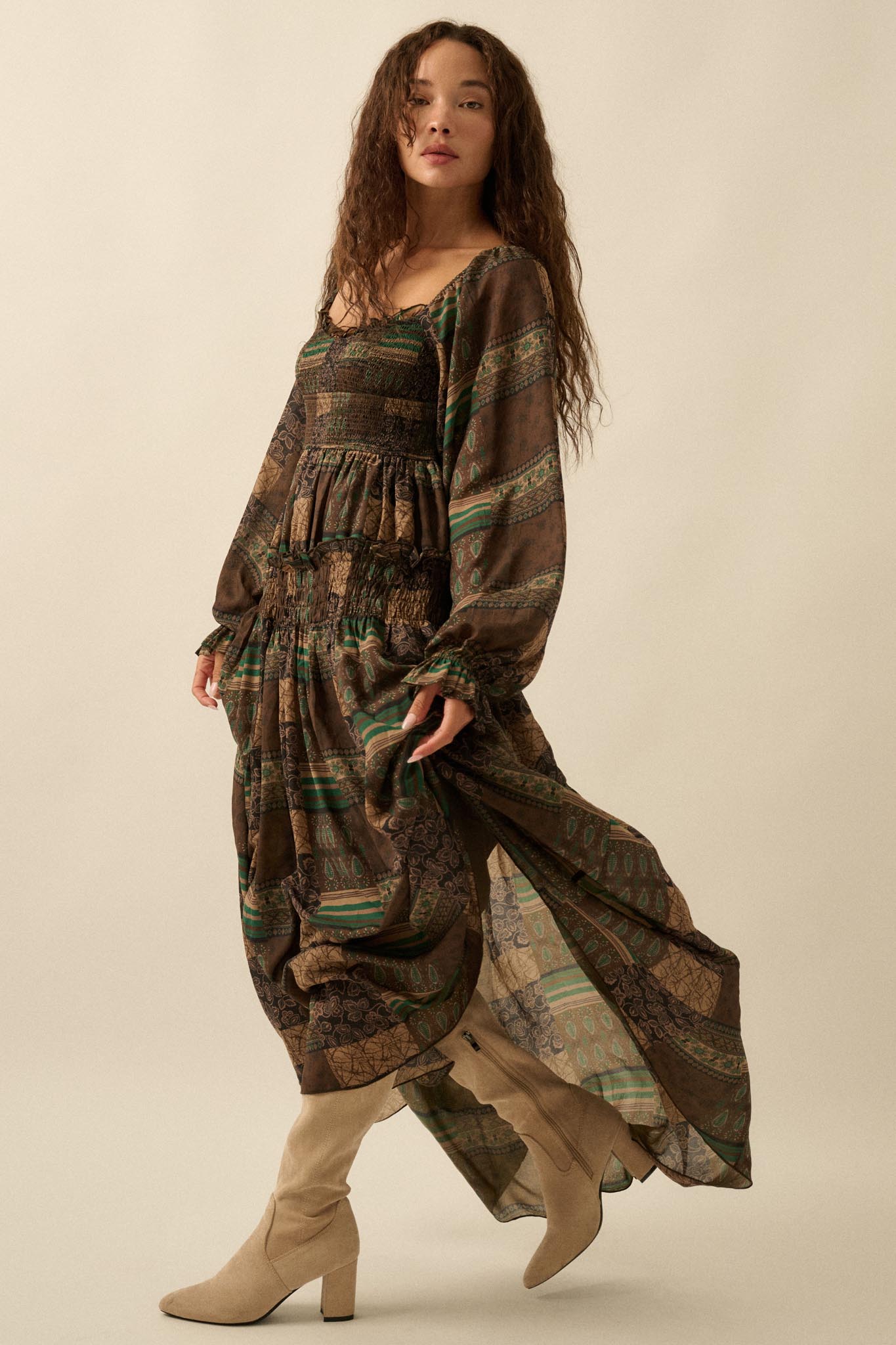 Pieces of Me Patchwork-Print Smocked Midi Dress - ShopPromesa