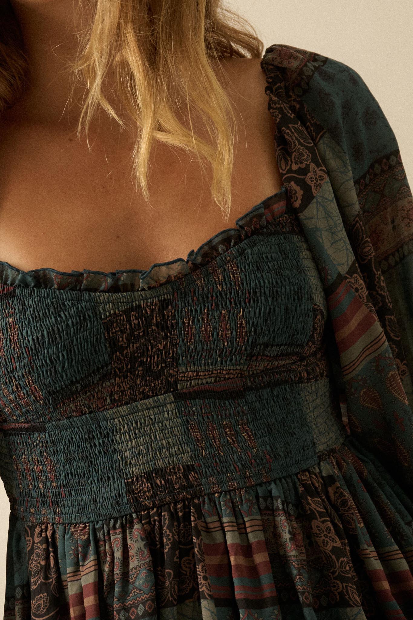 Pieces of Me Patchwork-Print Smocked Midi Dress - ShopPromesa