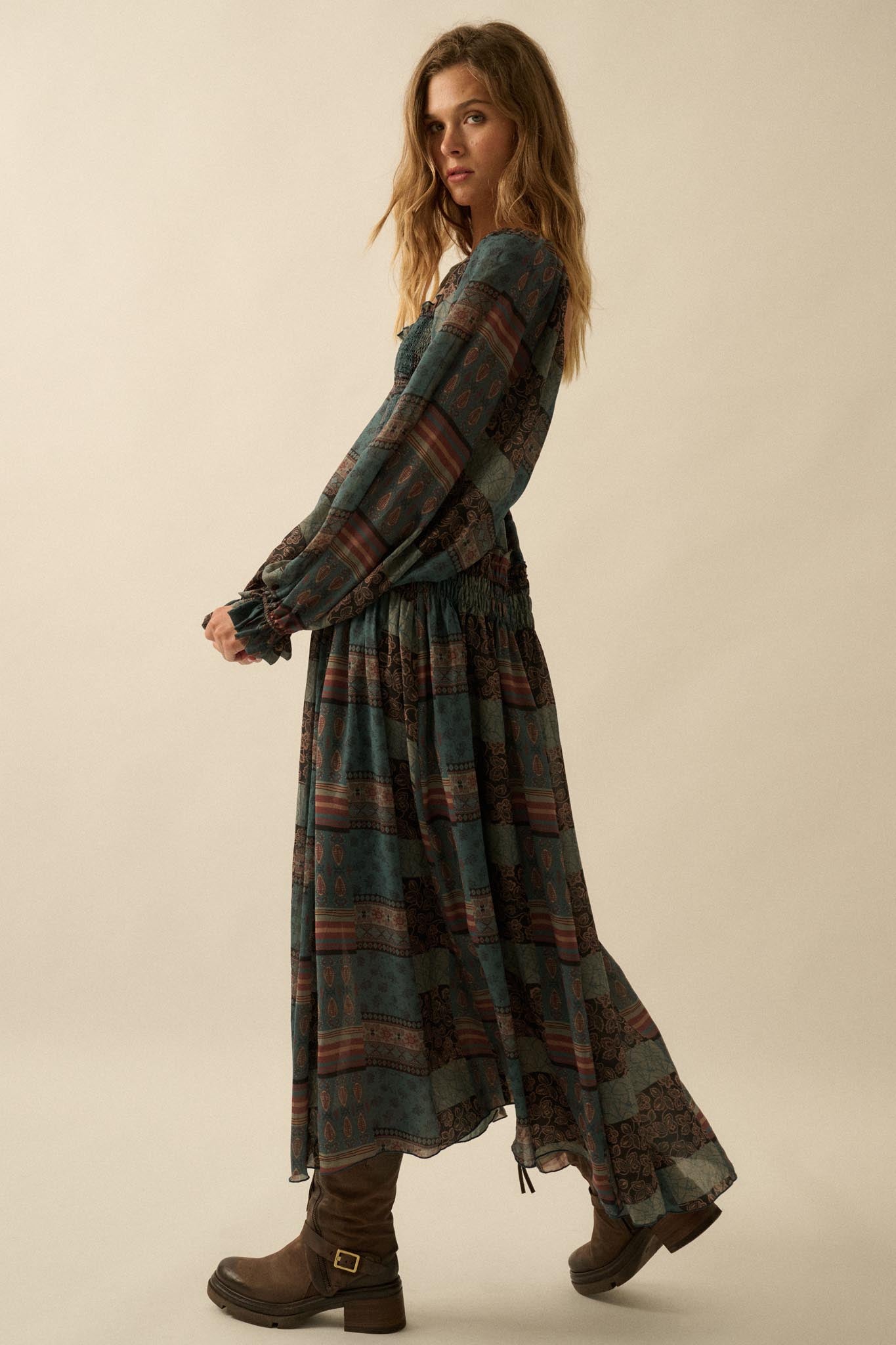 Pieces of Me Patchwork-Print Smocked Midi Dress - ShopPromesa