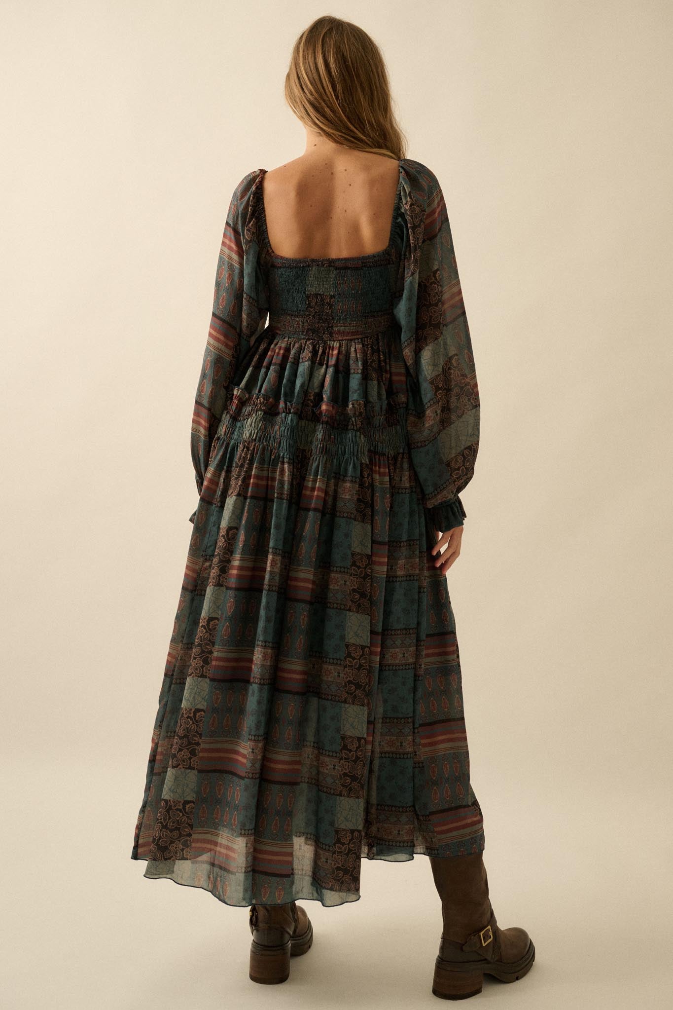 Pieces of Me Patchwork-Print Smocked Midi Dress - ShopPromesa