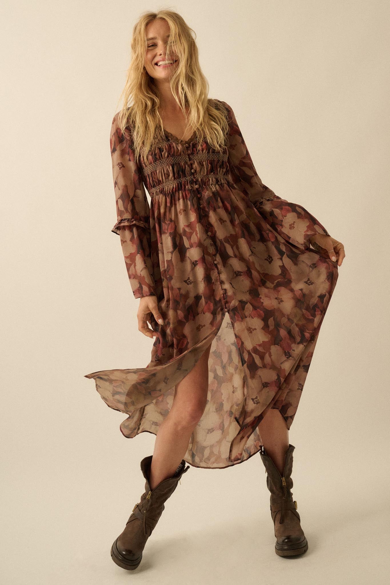 Russet Blossoms Floral Bell-Sleeve Midi Dress Chocolate / M Russet Blossoms Floral Bell-Sleeve Midi Dress Chocolate / M