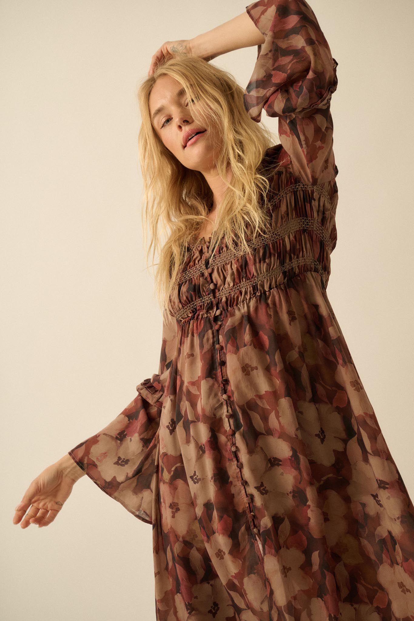 Russet Blossoms Floral Bell-Sleeve Midi Dress Chocolate / M Russet Blossoms Floral Bell-Sleeve Midi Dress Chocolate / M
