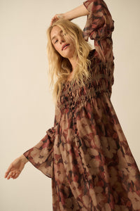 Russet Blossoms Floral Bell-Sleeve Midi Dress - ShopPromesa
