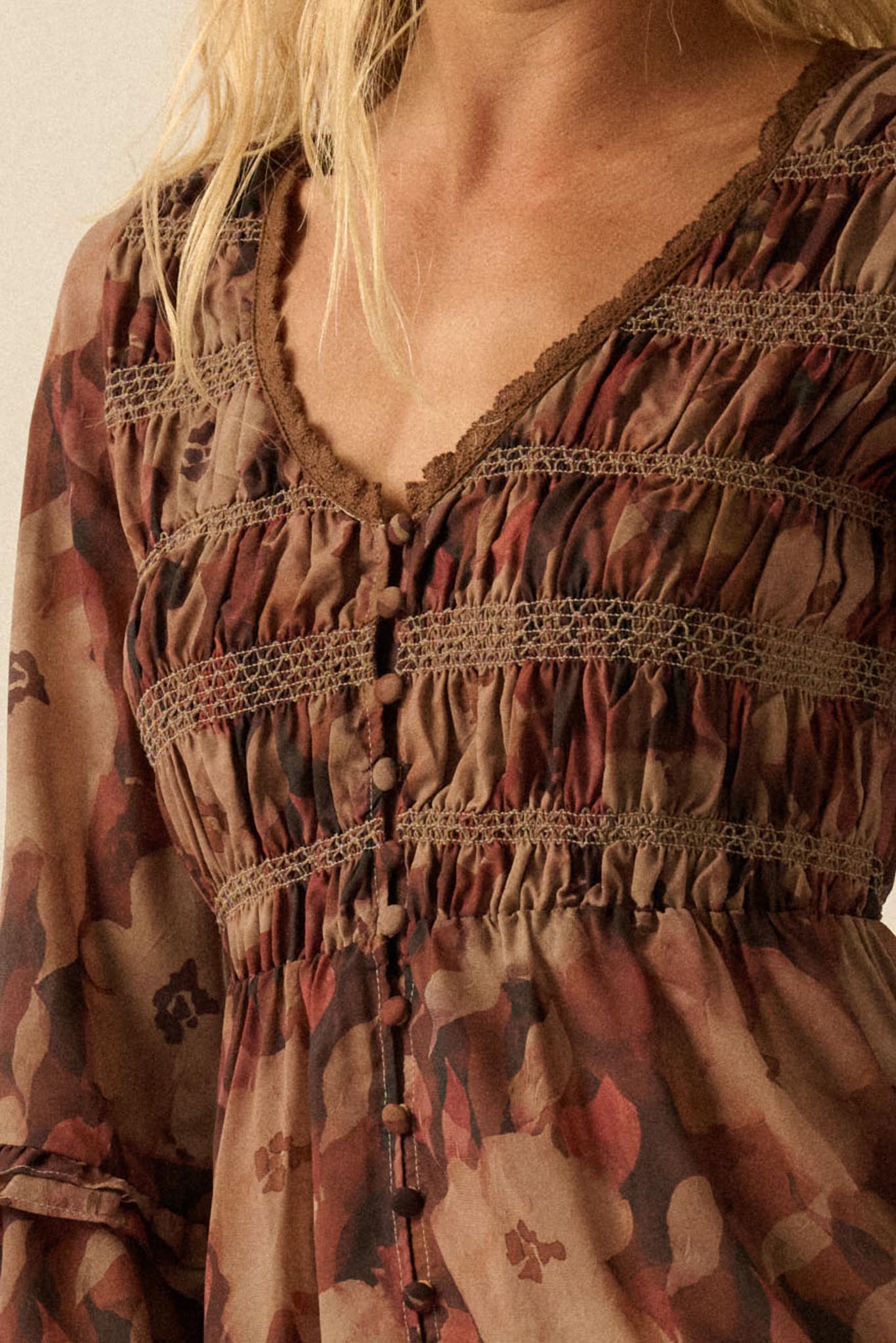 Russet Blossoms Floral Bell-Sleeve Midi Dress - ShopPromesa