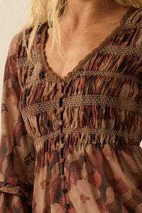 Russet Blossoms Floral Bell-Sleeve Midi Dress - ShopPromesa