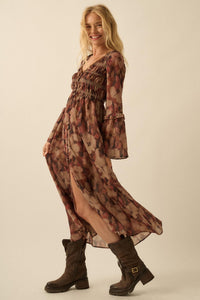 Russet Blossoms Floral Bell-Sleeve Midi Dress - ShopPromesa