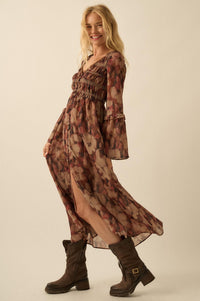 Russet Blossoms Floral Bell-Sleeve Midi Dress - ShopPromesa