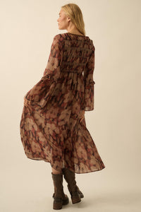 Russet Blossoms Floral Bell-Sleeve Midi Dress - ShopPromesa