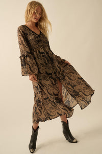 Blooming Opulence Floral Bell-Sleeve Midi Dress - ShopPromesa