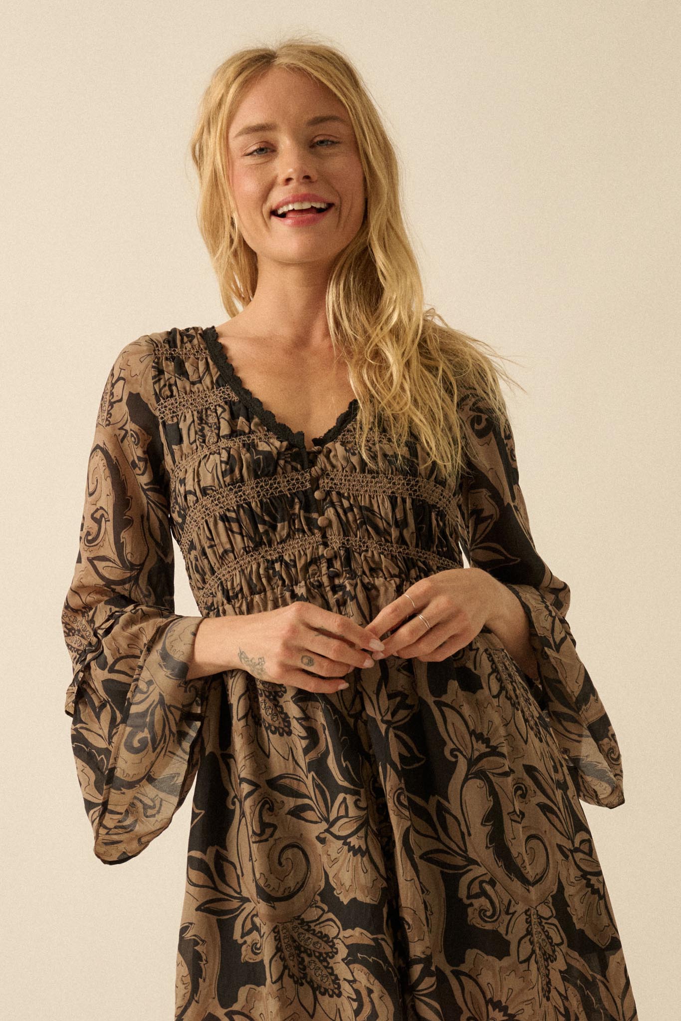 Blooming Opulence Floral Bell-Sleeve Midi Dress - ShopPromesa