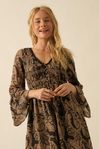 Blooming Opulence Floral Bell-Sleeve Midi Dress - ShopPromesa