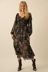 Moody Blooms Smocked Floral Midi Peasant Dress - ShopPromesa