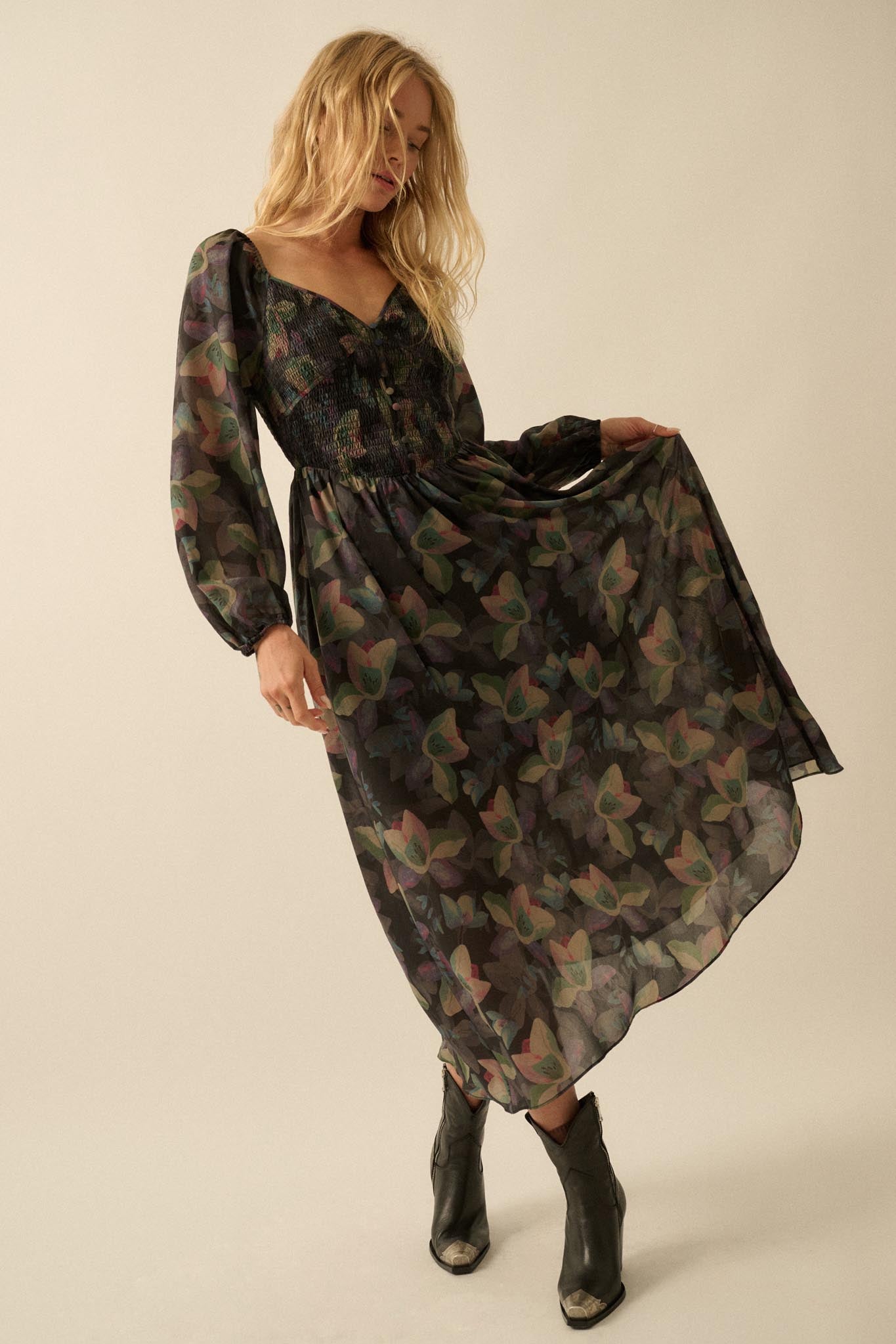 Moody Blooms Smocked Floral Midi Peasant Dress - ShopPromesa