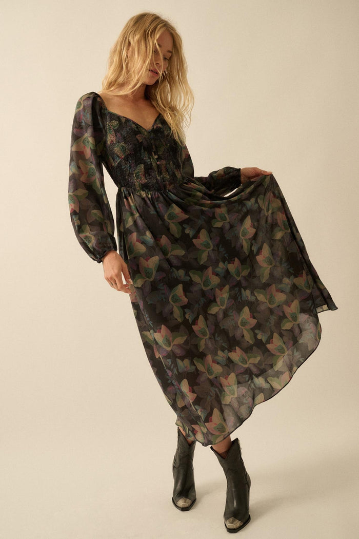 Moody Blooms Smocked Floral Midi Peasant Dress - ShopPromesa