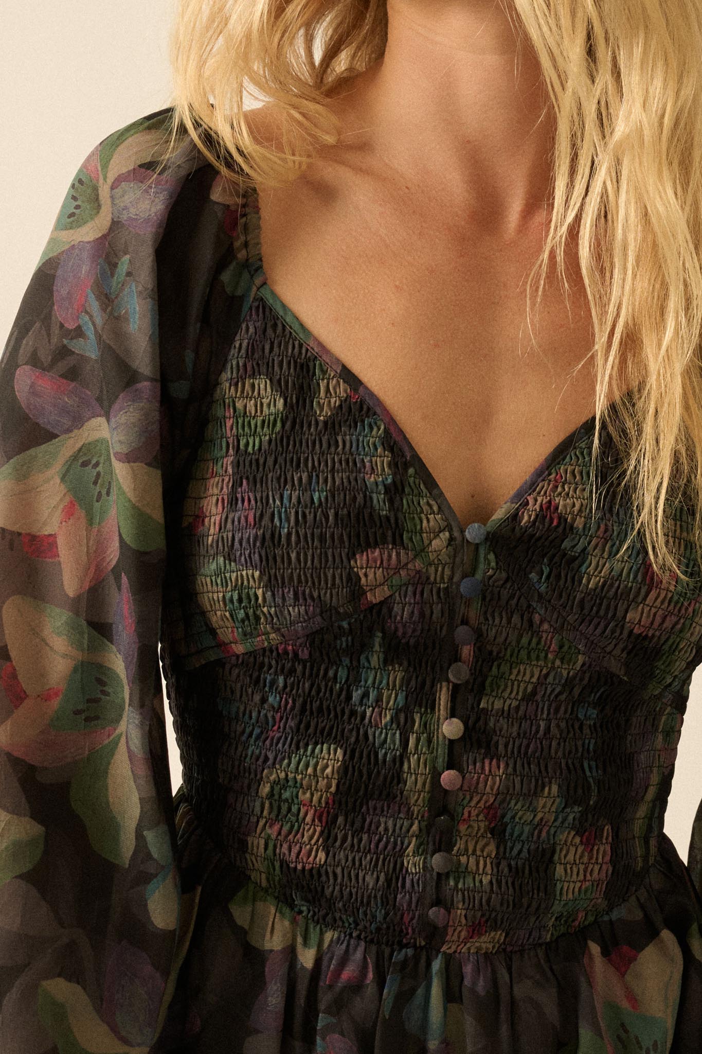 Moody Blooms Smocked Floral Midi Peasant Dress - ShopPromesa