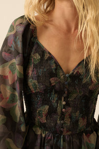 Moody Blooms Smocked Floral Midi Peasant Dress - ShopPromesa