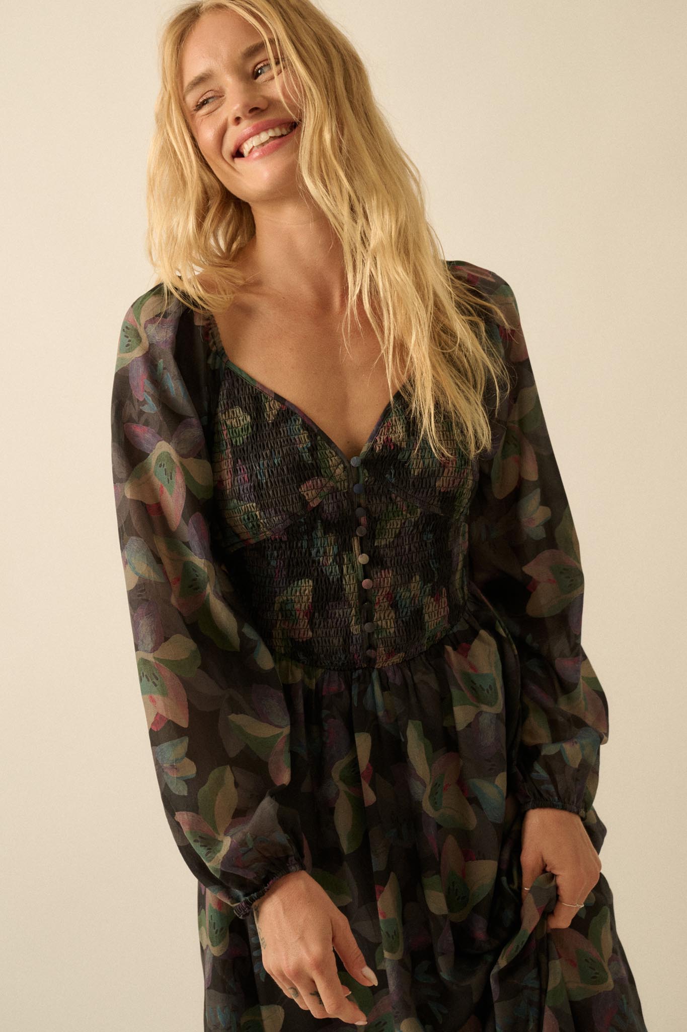 Moody Blooms Smocked Floral Midi Peasant Dress - ShopPromesa