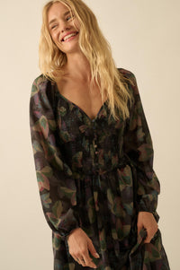 Moody Blooms Smocked Floral Midi Peasant Dress - ShopPromesa