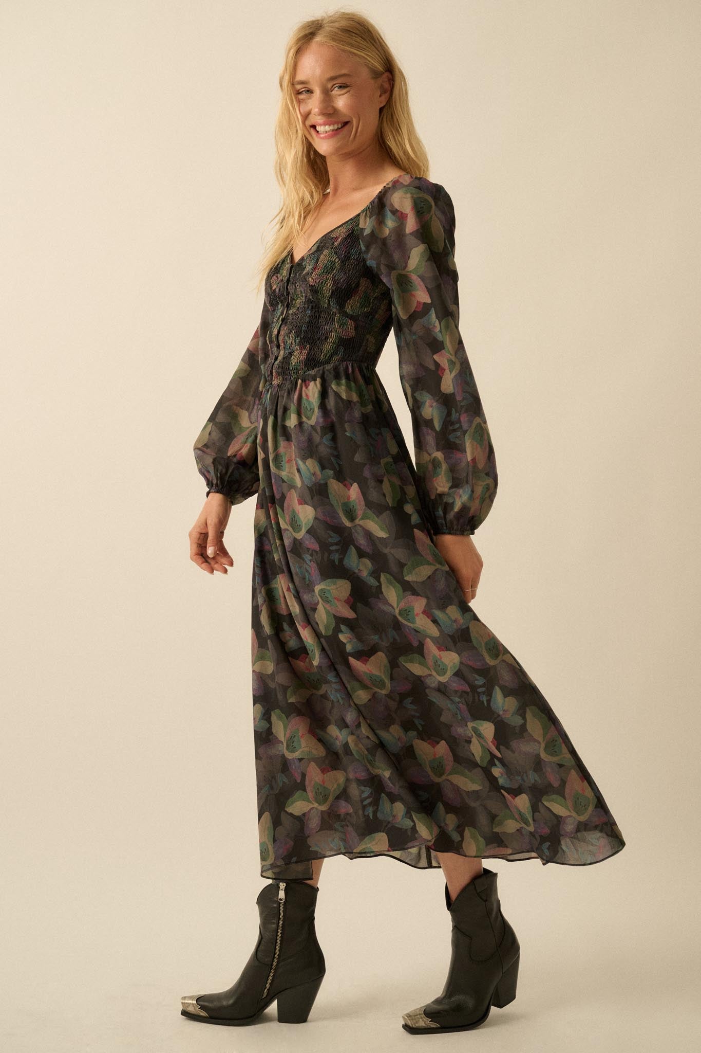 Moody Blooms Smocked Floral Midi Peasant Dress, Black / M