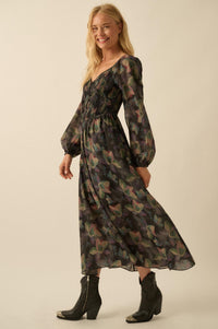 Moody Blooms Smocked Floral Midi Peasant Dress - ShopPromesa
