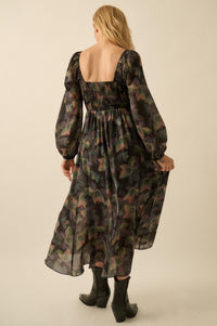 Moody Blooms Smocked Floral Midi Peasant Dress - ShopPromesa