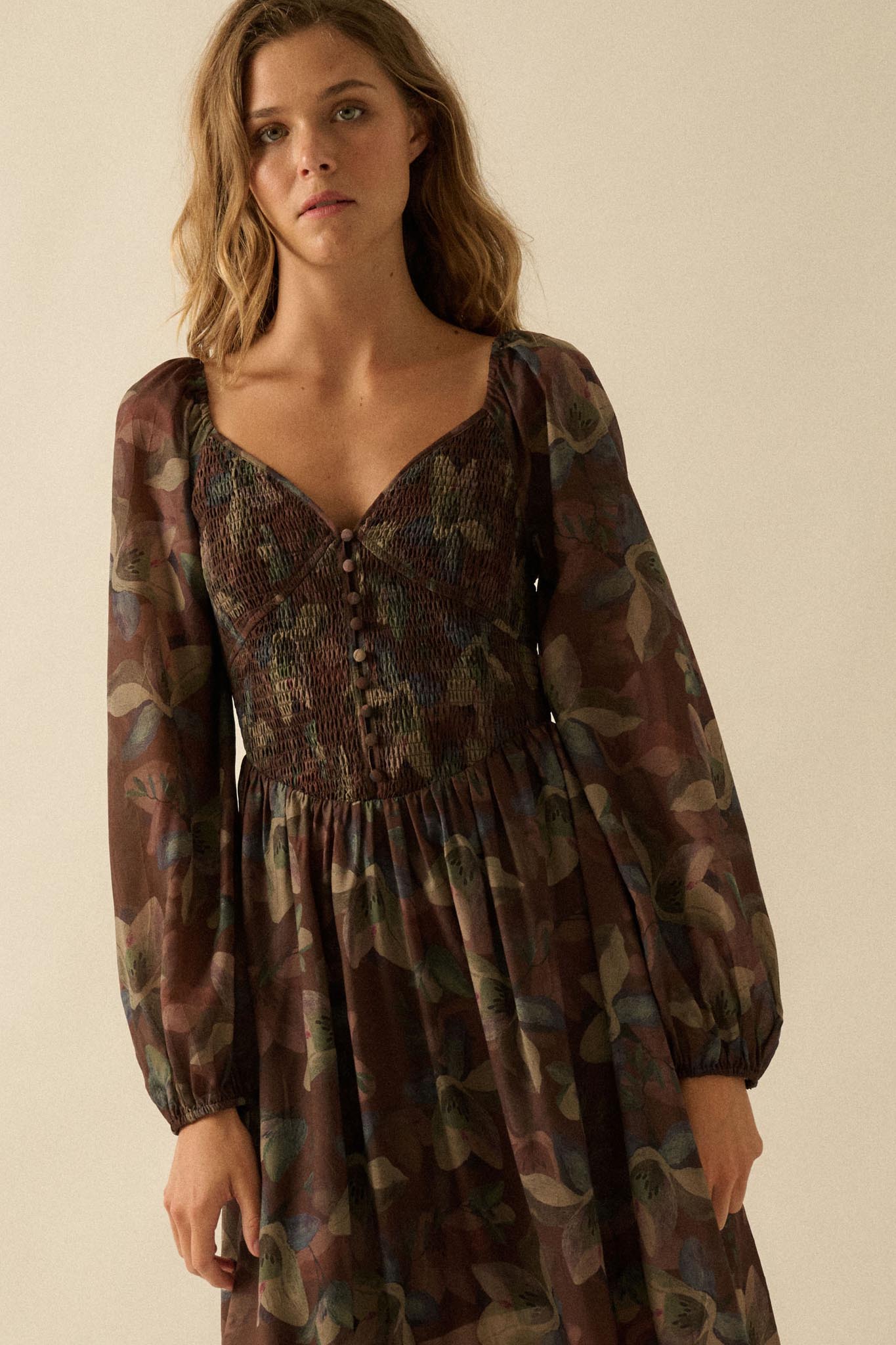 Moody Blooms Smocked Floral Midi Peasant Dress - ShopPromesa